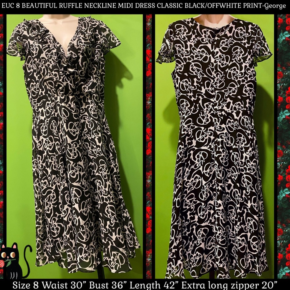 EUC 8 BEAUTIFUL RUFFLE NECKLINE MIDI DRESS CLASSIC BLACK/OFFWHITE PRINT-George